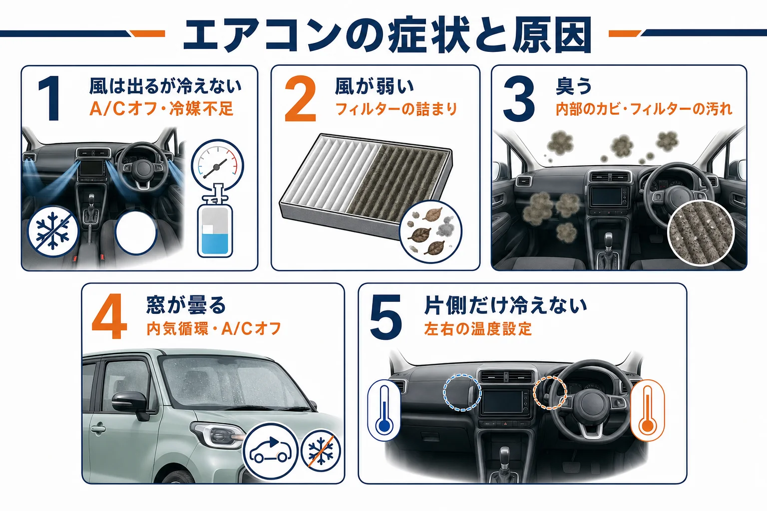シエンタのエアコンの症状を5つに分け、原因と自分で確かめられるかを並べた図解