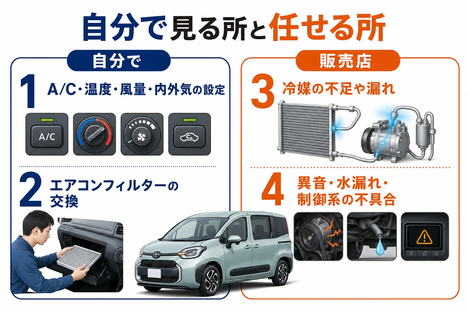 シエンタのエアコンで自分で確かめることと、販売店に任せる症状を分けた図解