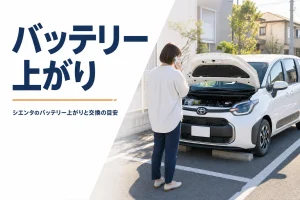 バッテリーが上がったシエンタの前でロードサービスに連絡する様子