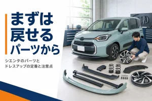 カスタムパーツが並んだガレージとシエンタ