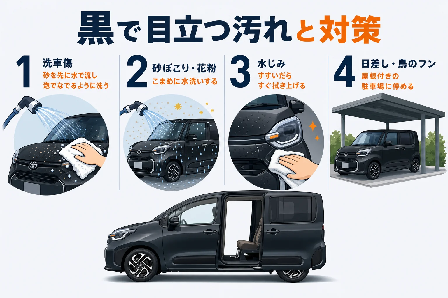 シエンタの黒で目立ちやすい洗車傷・ほこり・水じみと、それぞれの対策を並べた図解