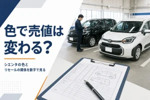 査定場に並んだ白と黒のシエンタと査定シート