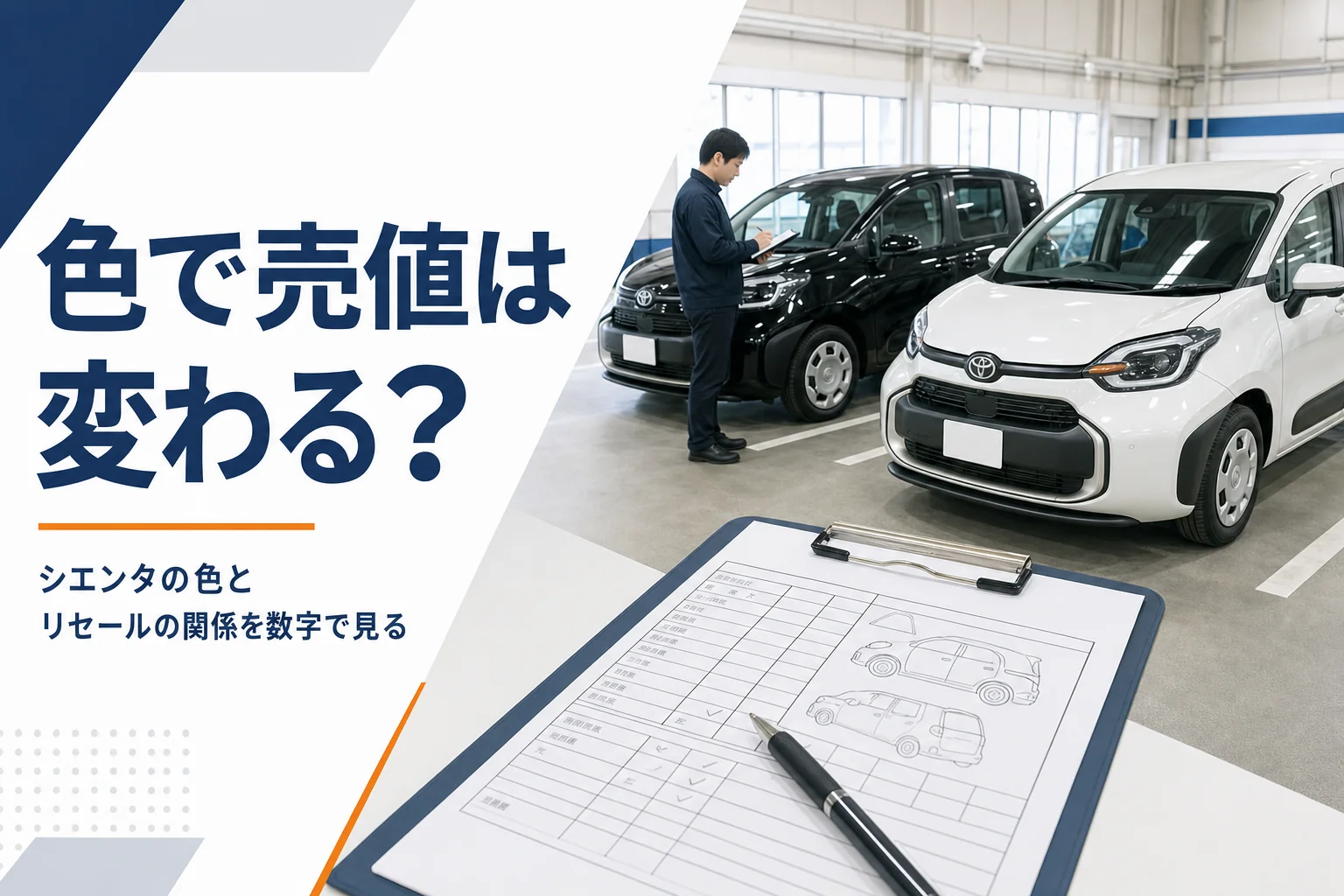 査定場に並んだ白と黒のシエンタと査定シート