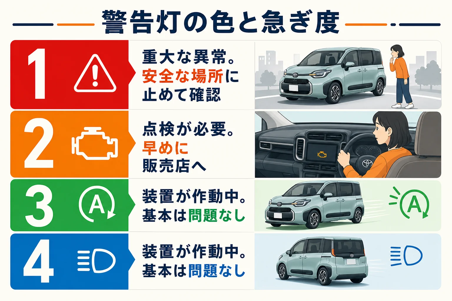 シエンタの警告灯を赤・黄・緑の色別に急ぎ度で分けた図解