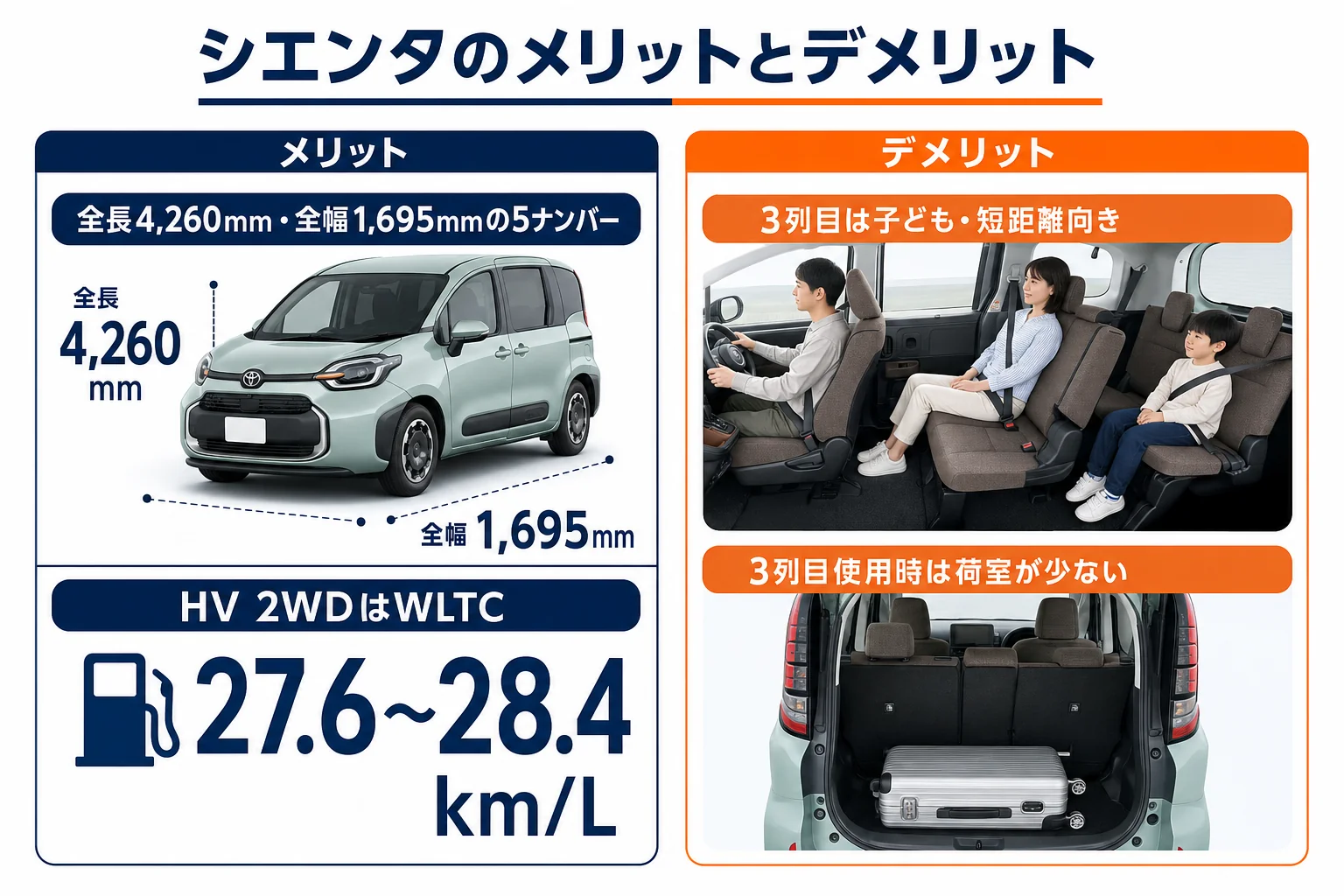シエンタのメリットとデメリットを並べた図解