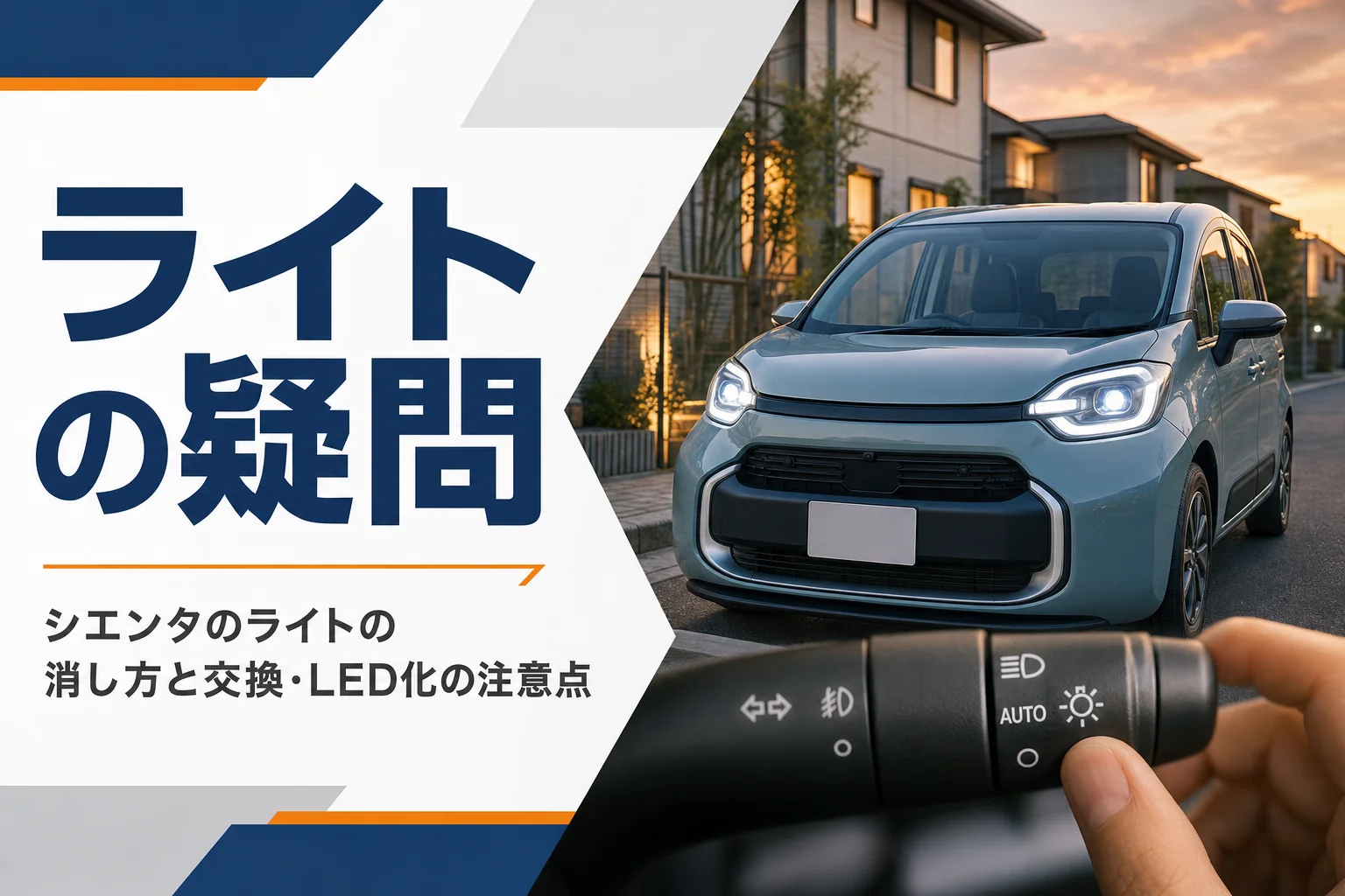 夕暮れにヘッドライトを点灯したシエンタ