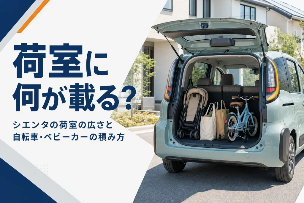 バックドアを開けたシエンタの荷室にベビーカーと自転車を積んだ様子