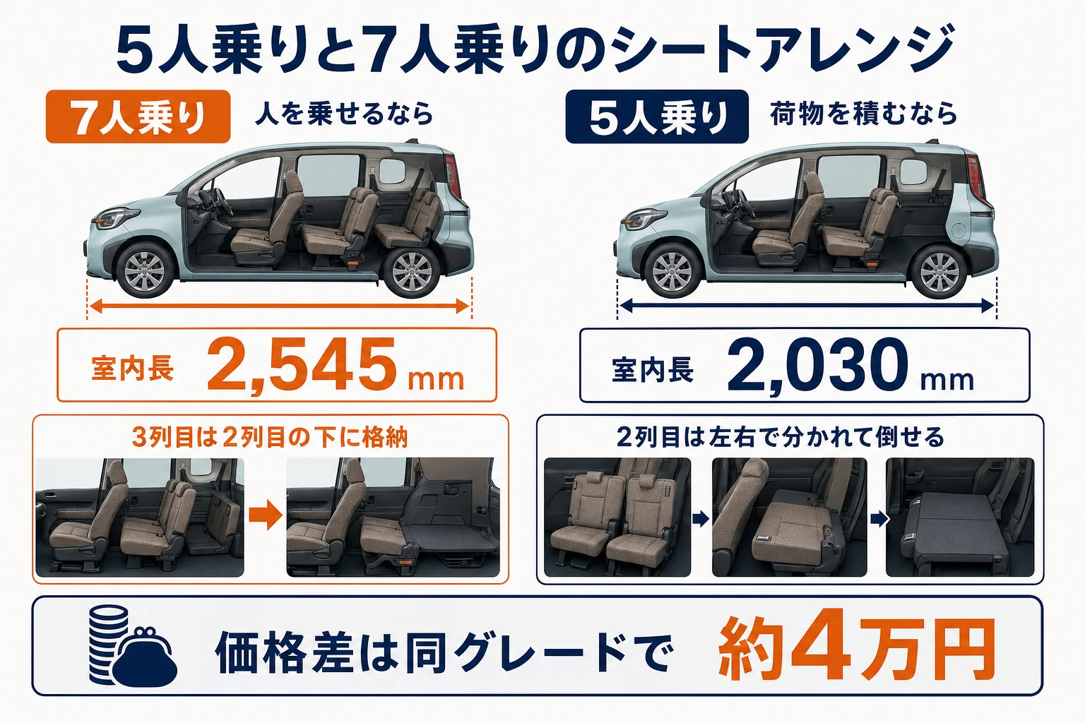 シエンタの5人乗りと7人乗りのシートアレンジを比べた図解
