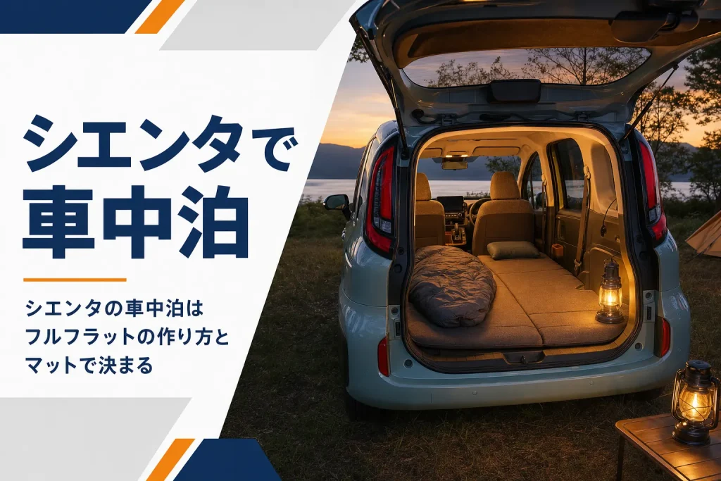 夕暮れのキャンプ場でバックドアを開けて寝床を作ったシエンタ