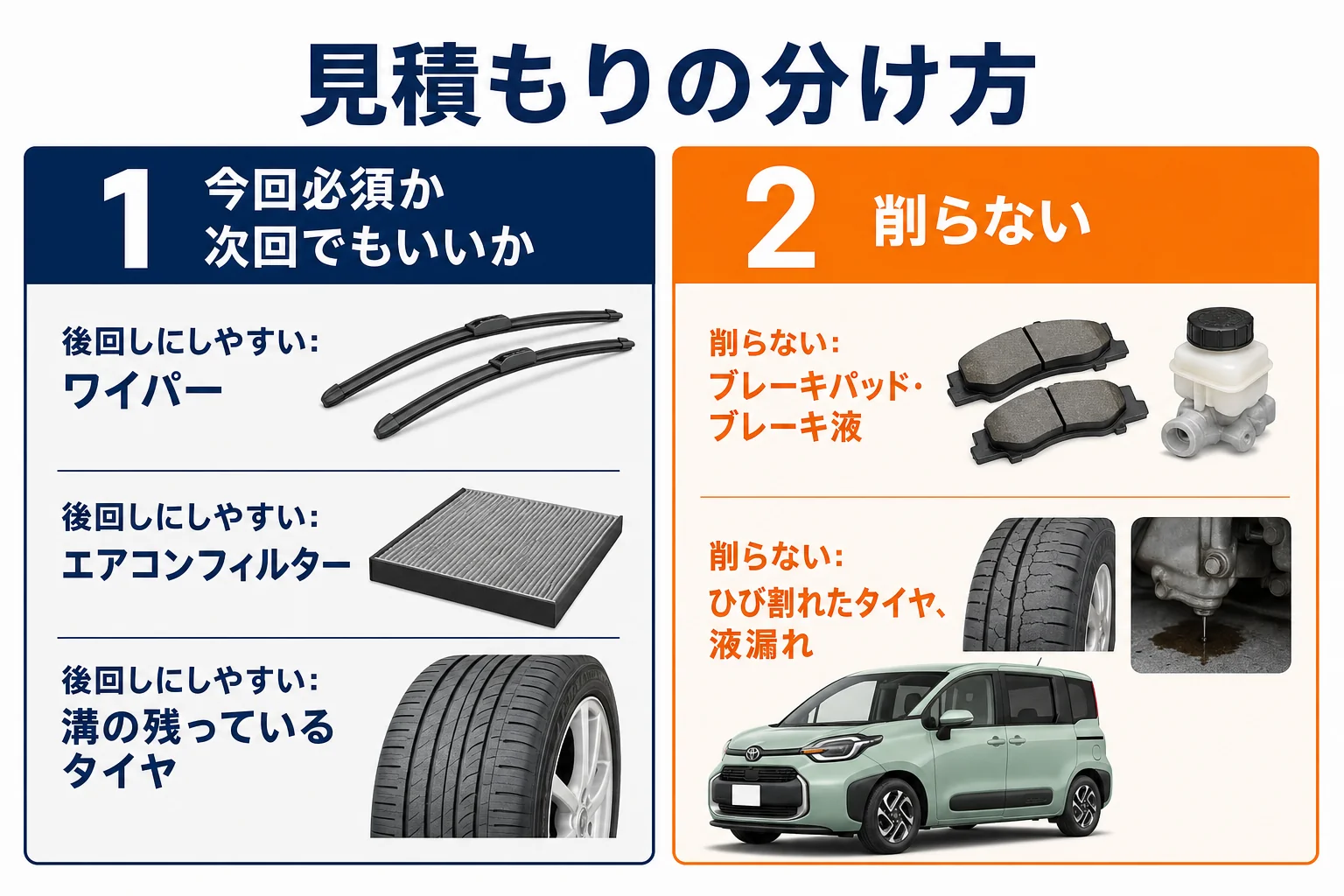 シエンタの車検見積もりで後回しにしやすい部品と削らない部品を分けた図解
