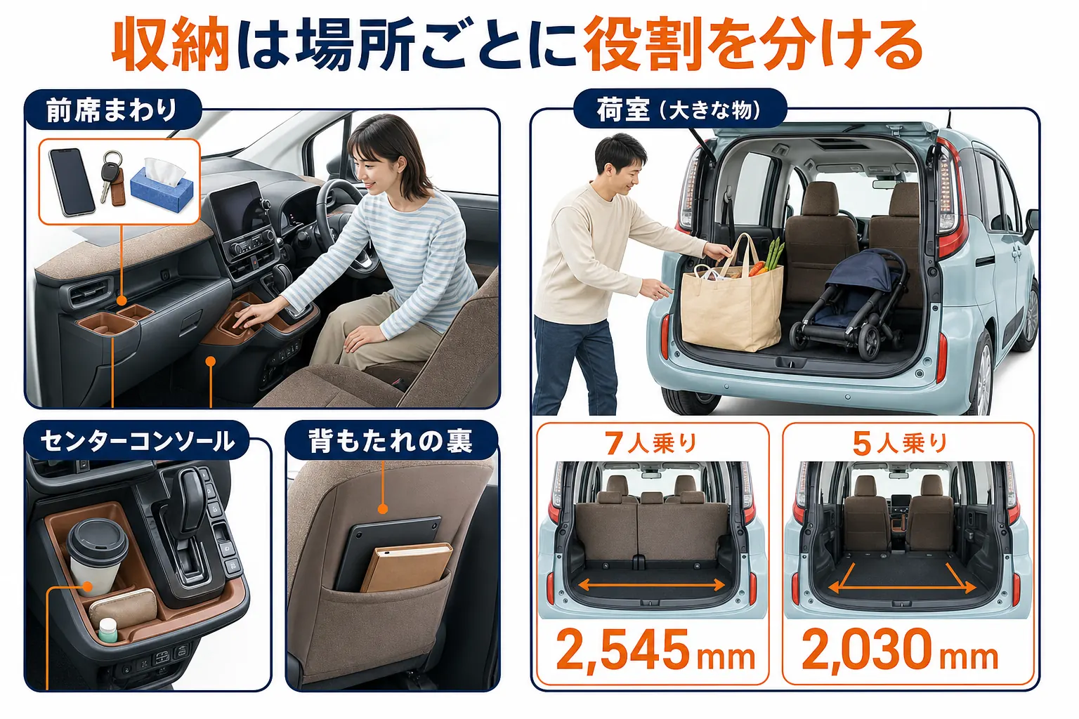 シエンタの収納を場所ごとにまとめた図解
