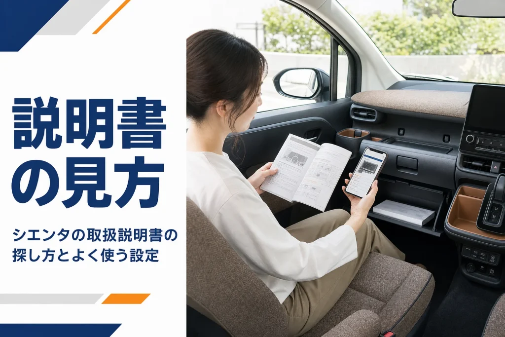 シエンタの取扱説明書をスマートフォンと冊子で確かめる様子