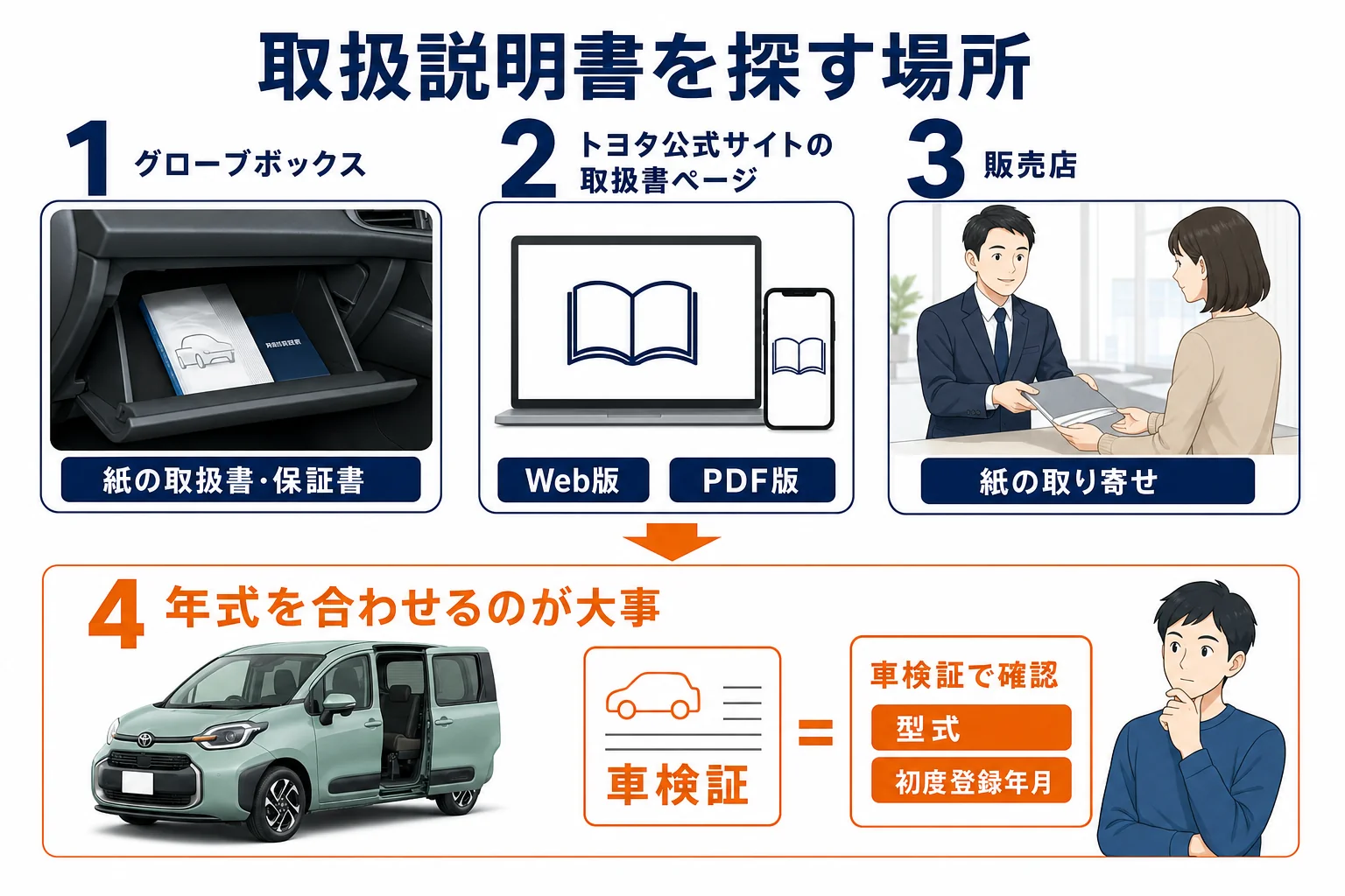 シエンタの取扱説明書を探す場所を示した図解